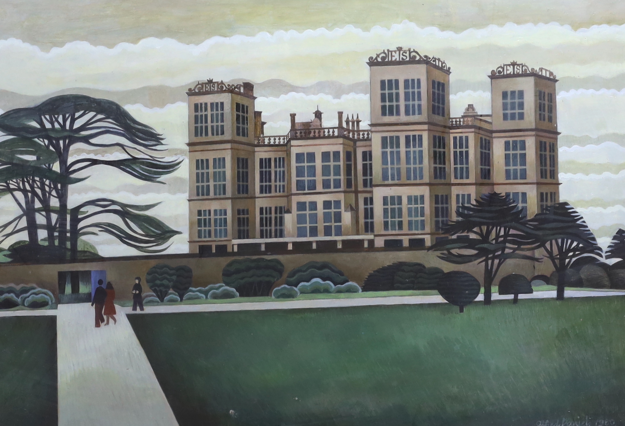 Alfred Daniels (1924-2015), oil and mixed media, 'Hardwick Hall, Derbyshire', signed and dated 1980, RWS Galleries, London inscribed label verso, 34 x 51cm